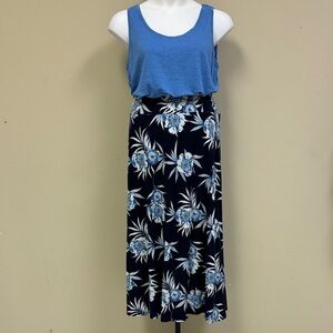 Talbots Navy and Light Blue Floral Midi Skirt with Eileen Fisher Tank Top